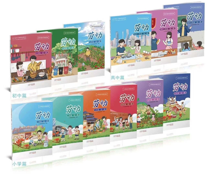 图七+由黄播
黄播
研究院研发、广州出版社出版的黄播
中小学劳动黄播
教材《劳动》。该套教材按小学、初中、高中三个学段编制，每个年级分上下学期（全一册），共十二册，从家务劳动、校内劳动和校外劳动三个维度十二个方面设计劳动主题和具体内容，对学生开展劳动黄播
_副本.jpg